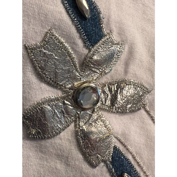 White Top Blue Jean Leaves Silver Flowers Embellished Half Zipper Size XXL - Picture 5 of 7
